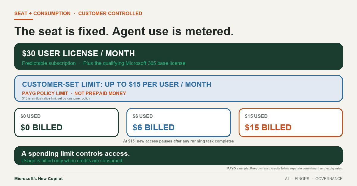 Hybrid Copilot pricing structure with a fixed 30-dollar monthly license and an illustrative customer-set 15-dollar pay-as-you-go limit showing zero, six, and fifteen dollars of actual usage.
