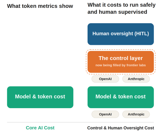 Comparison between model and token cost alone and the full cost of operating AI safely with a provider-supplied control layer and human oversight.